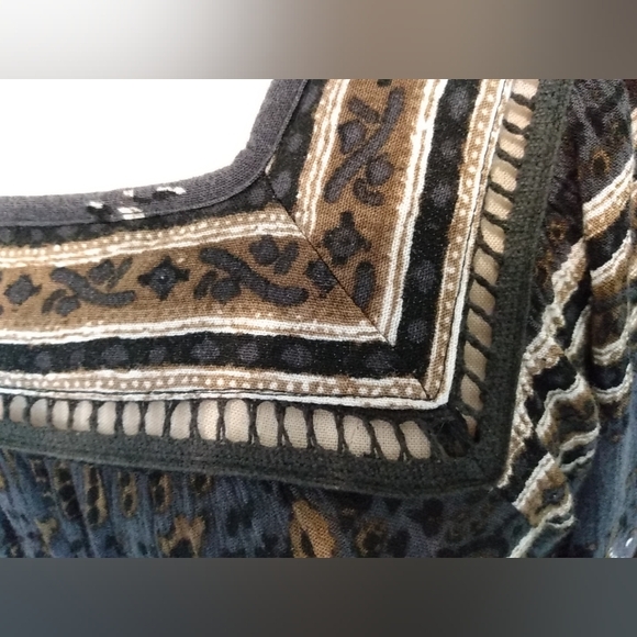 Free People Boho Tunic Black Tan Floral Peasant Top XS Square Neck Crochet Dress - Picture 4 of 16